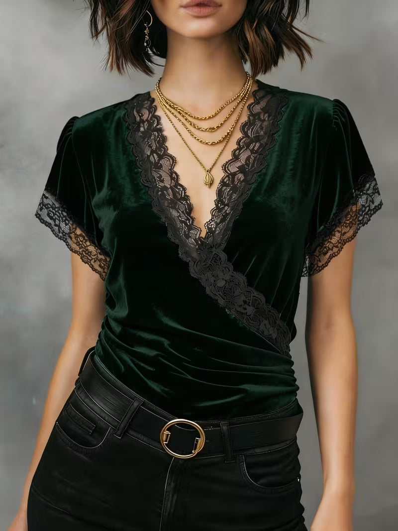 Jalisa | Velvet Lace Trim Wrap Neck Top