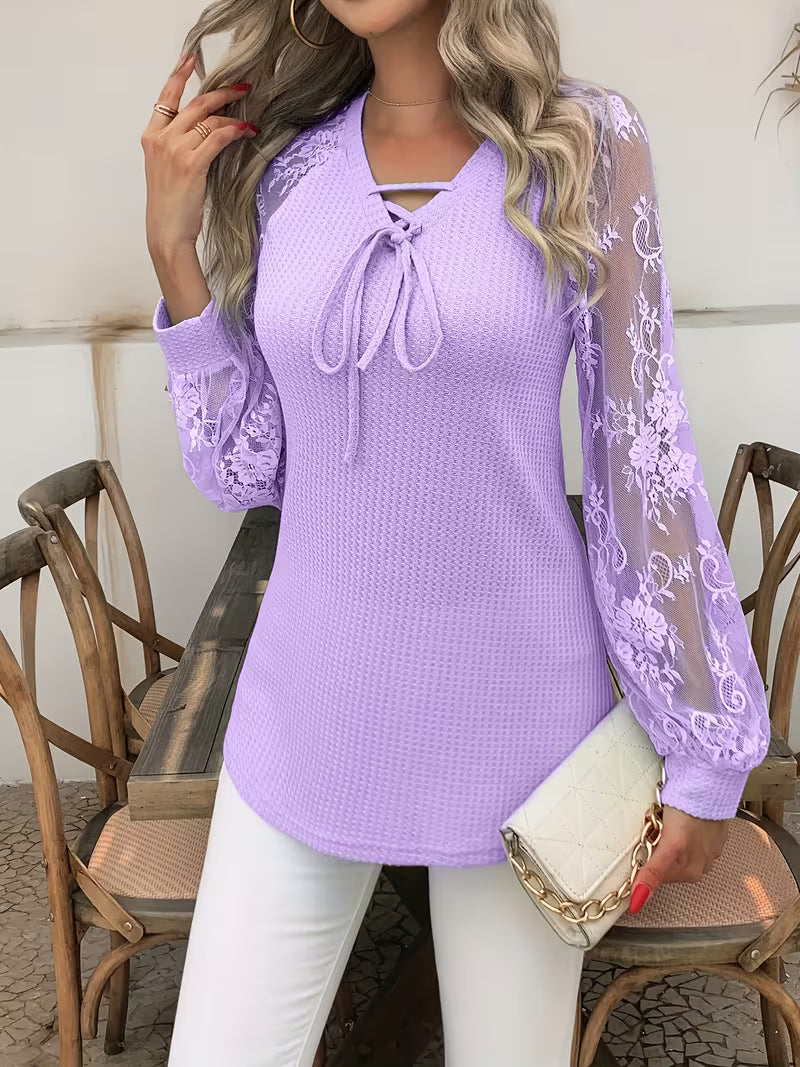 Wazina | Long Sleeve Lace V-Neck Tie Top