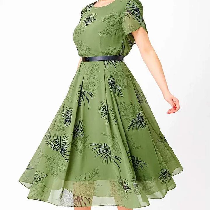 Basma | Green Leaf Print Short Sleeve Midi Dress