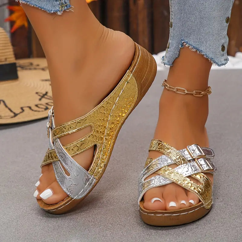 Deniza | Cross Strap Double Buckle Slide Sandals
