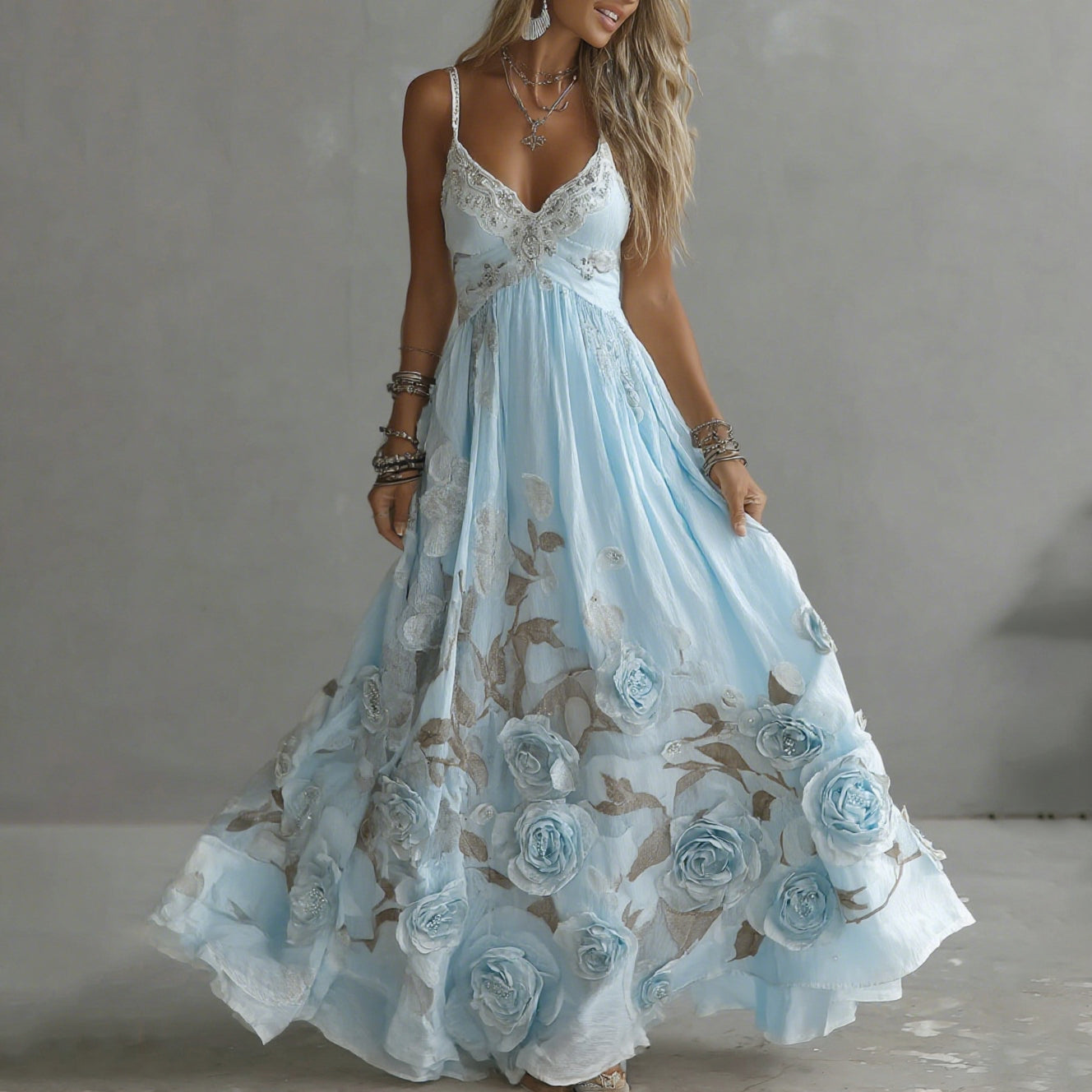 Adeluna | Floral Embroidered V Neck Maxi Dress
