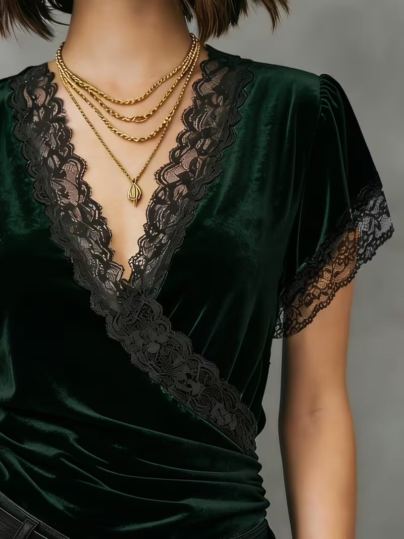 Jalisa | Velvet Lace Trim Wrap Neck Top