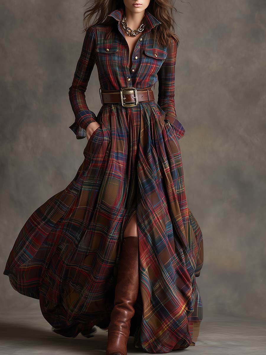 Hadasa | Checked Collared Button Front Maxi Dress