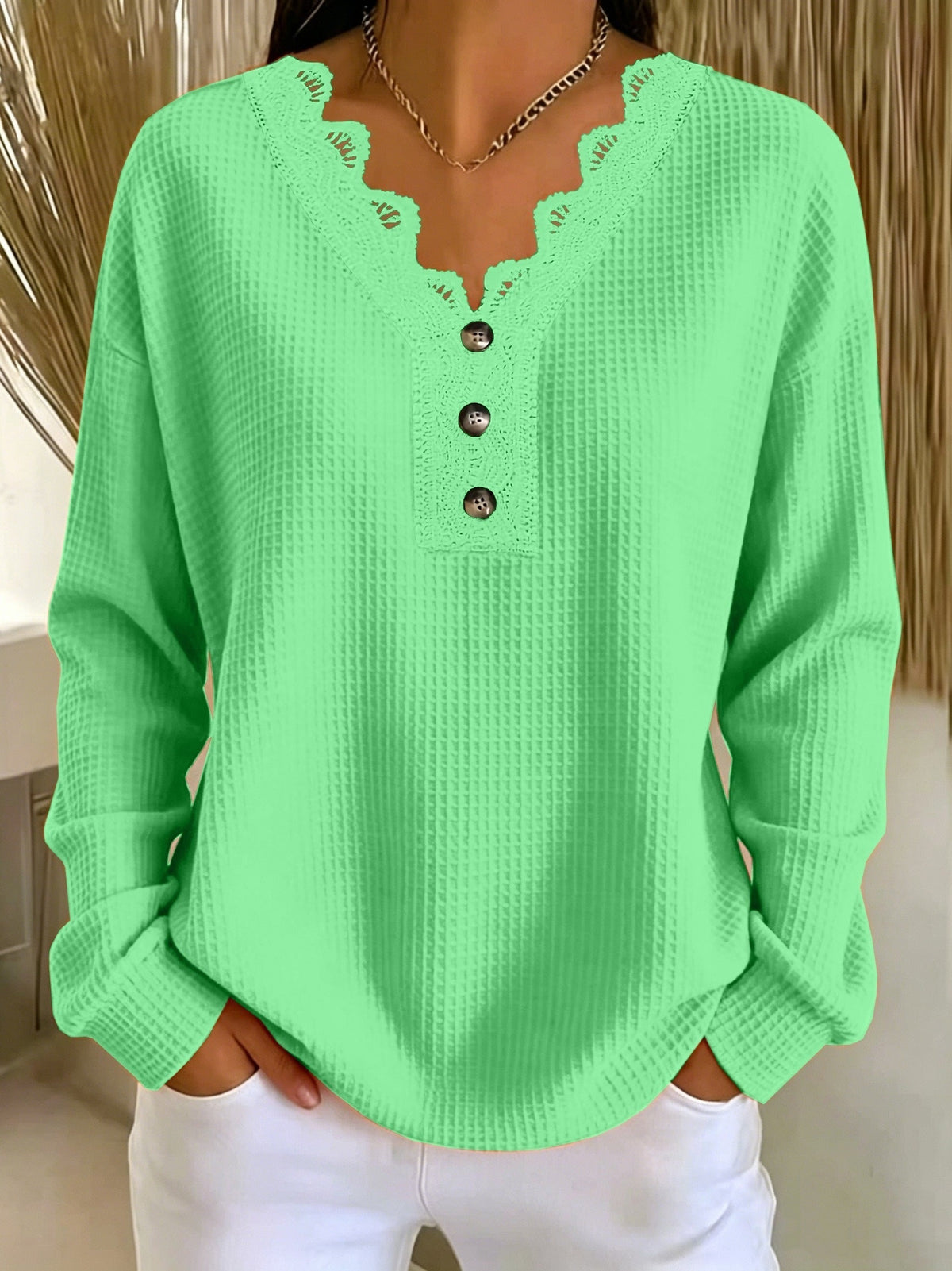 Brigeaia | Long Sleeve Lace Top with Button Front