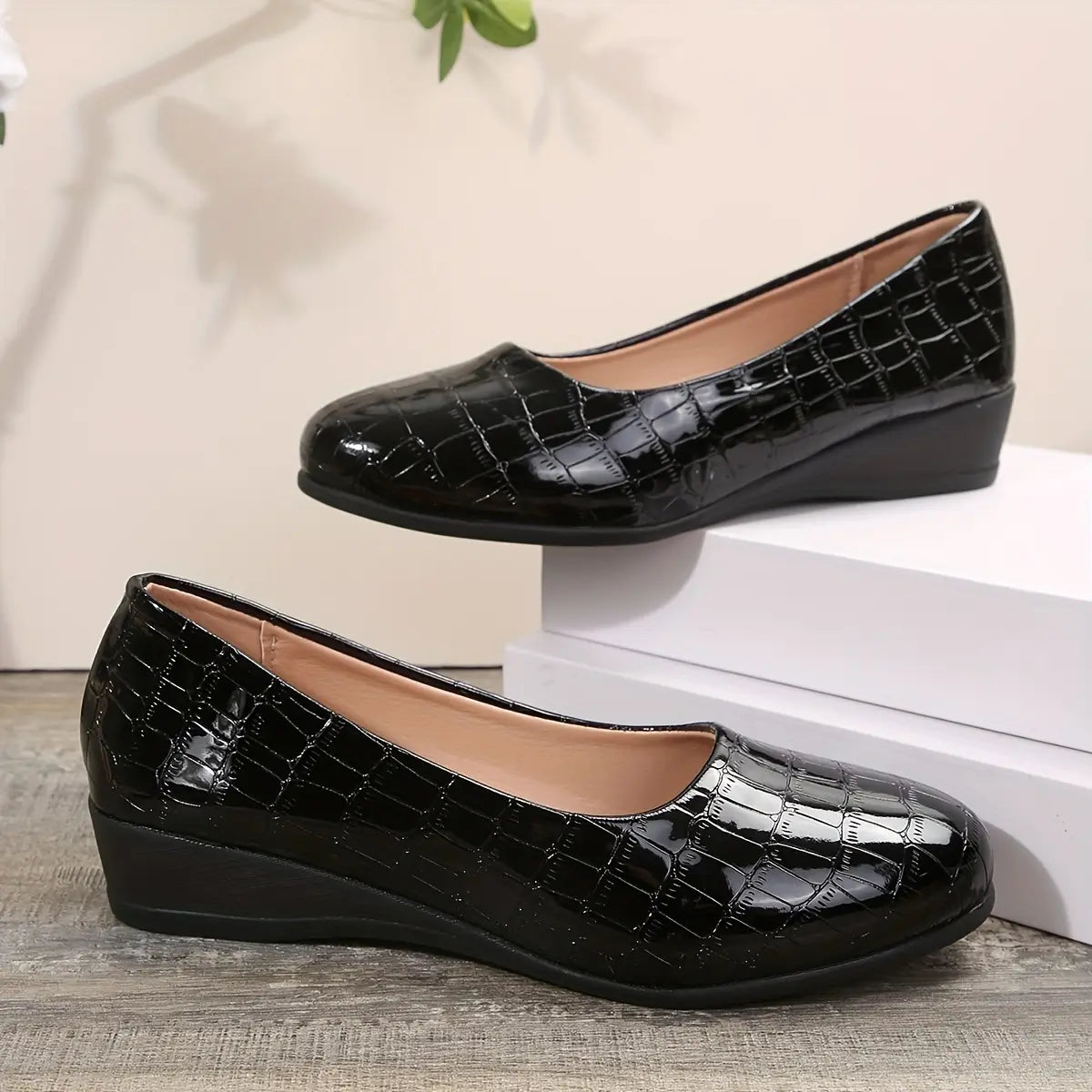 Rebekah - Wedge Heel Croc Pattern Court Shoes