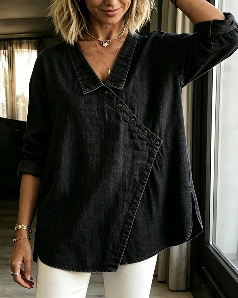 Olizia | Denim-Style Wrap Button Blouse