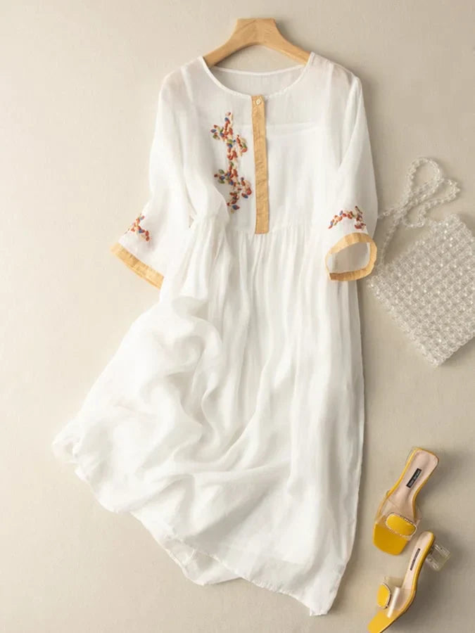 Ruth - Embroidered Midi Dress Three Quarter Sleeves