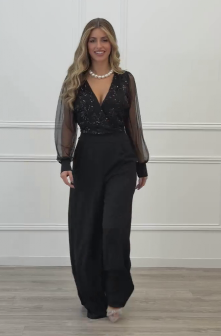 Meira - Mesh Sleeve Embellished Wide Leg Jumpsuit