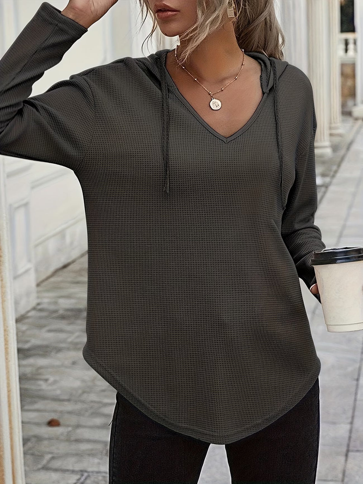 Laurette | Long Sleeve V-Neck Hoodie with Hood
