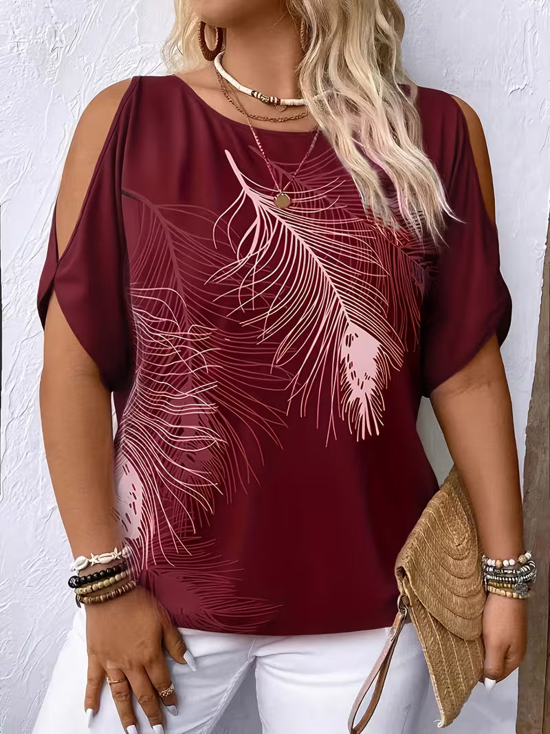 Liris | Feather Print Cold Shoulder Top