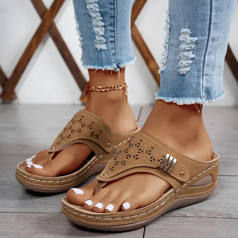Tiara - Wedge Flip Flop Cutout Sandals