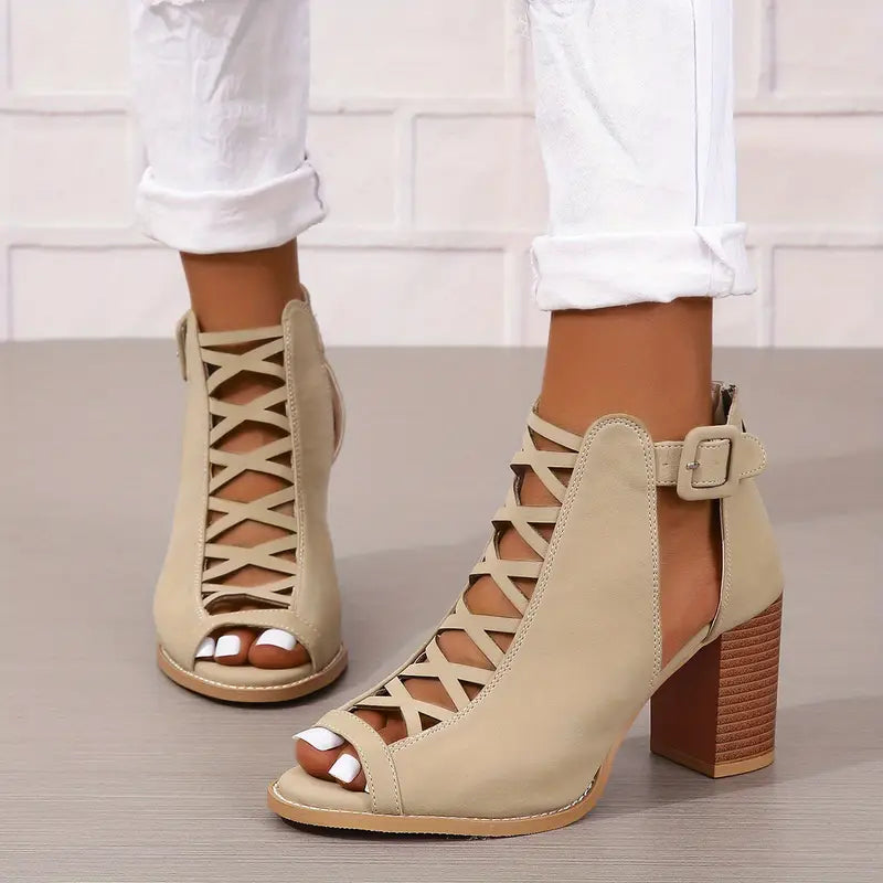 Ruzilya | Chunky Heel Peep Toe Lace-Up Sandals