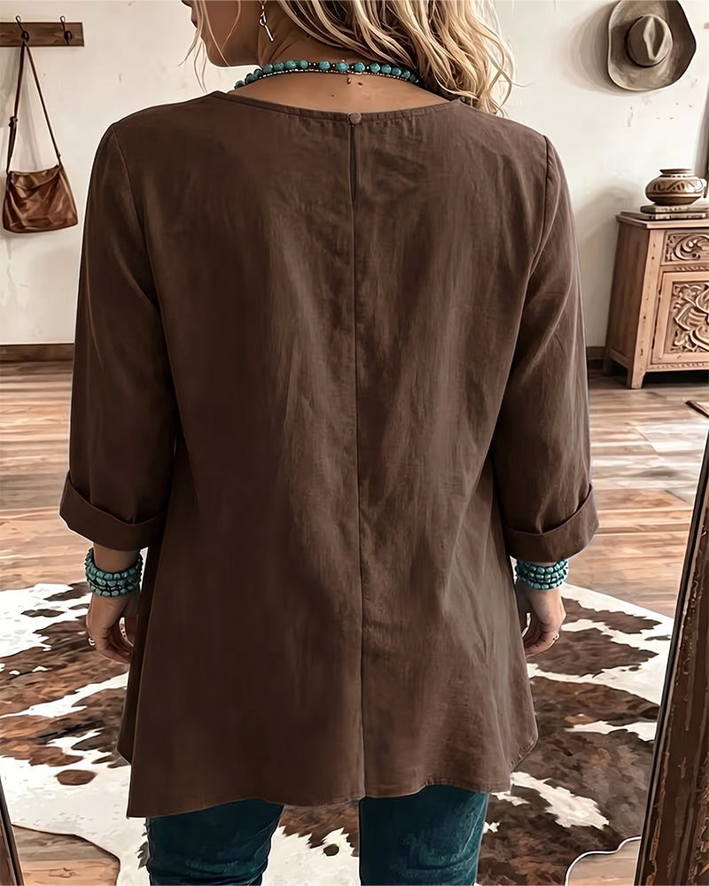 Taireen | Tunic Blouse with Pleated Round Neckline