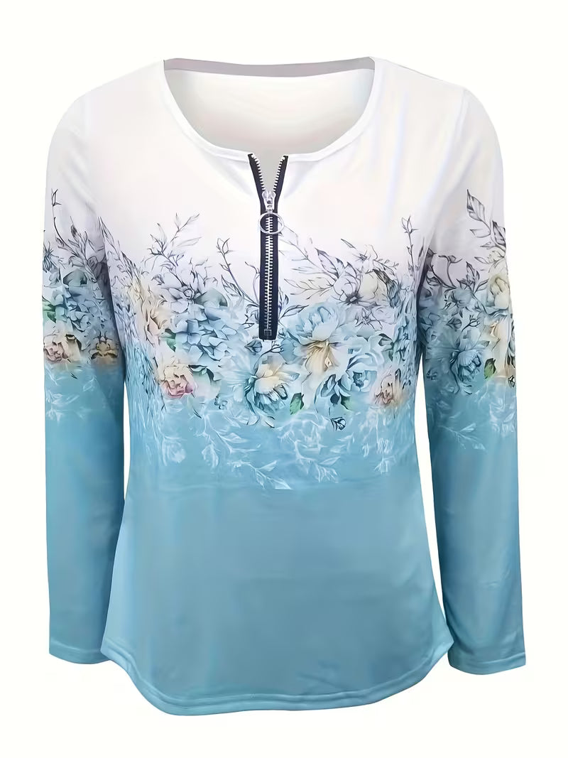 Saskette | Floral Print Top with Zip Neckline