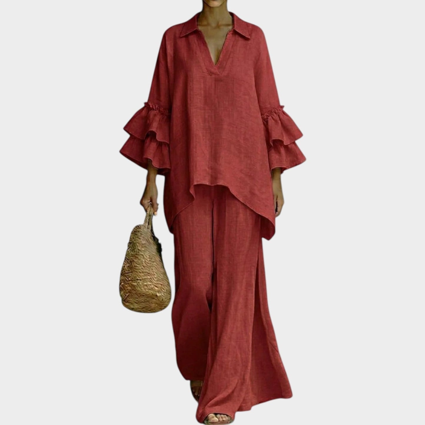Fien | Linen Co-Ord Set V Neck Ruffle Sleeve