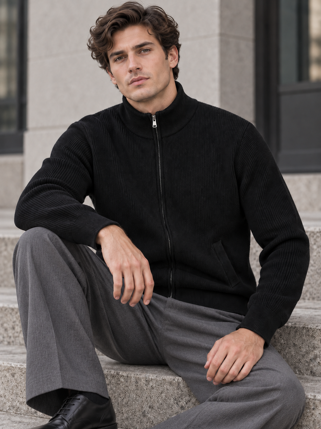 Milou | Ribbed Cardigan with Stand Collar