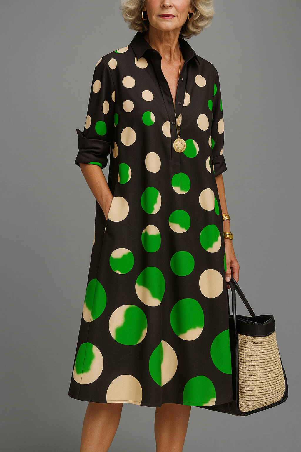 Wunmi | Polka Dot V-Neck Midi Shirt Dress