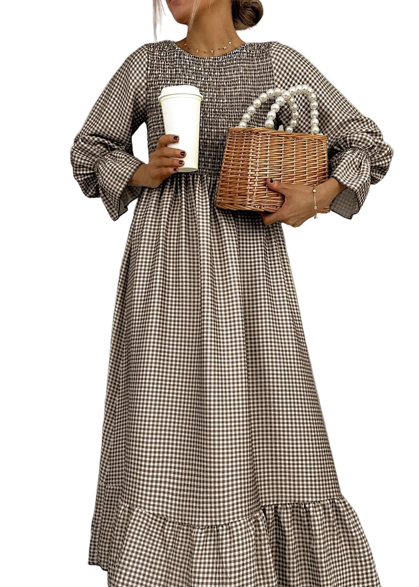 Helenee | Maxi Dress Checked Smocked Round Neck