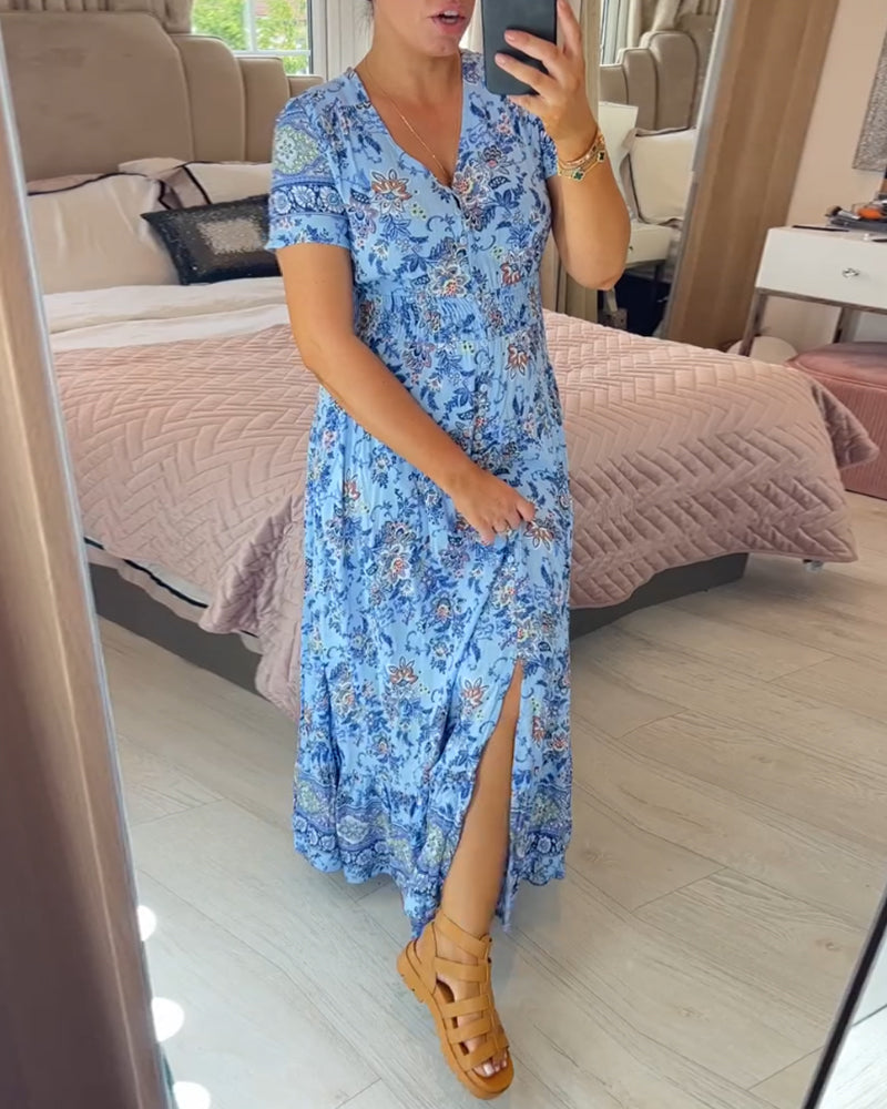Wibia | Floral Print V-Neck Button Front Midi Dress With Short Sleeves