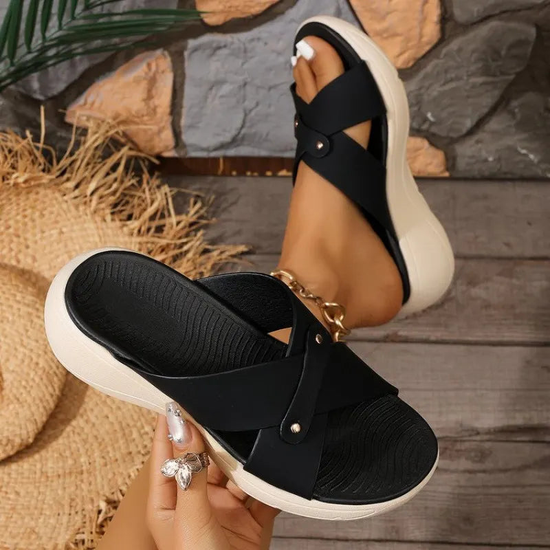 Quessia | Open Toe Crossover Wedge Slide Sandals