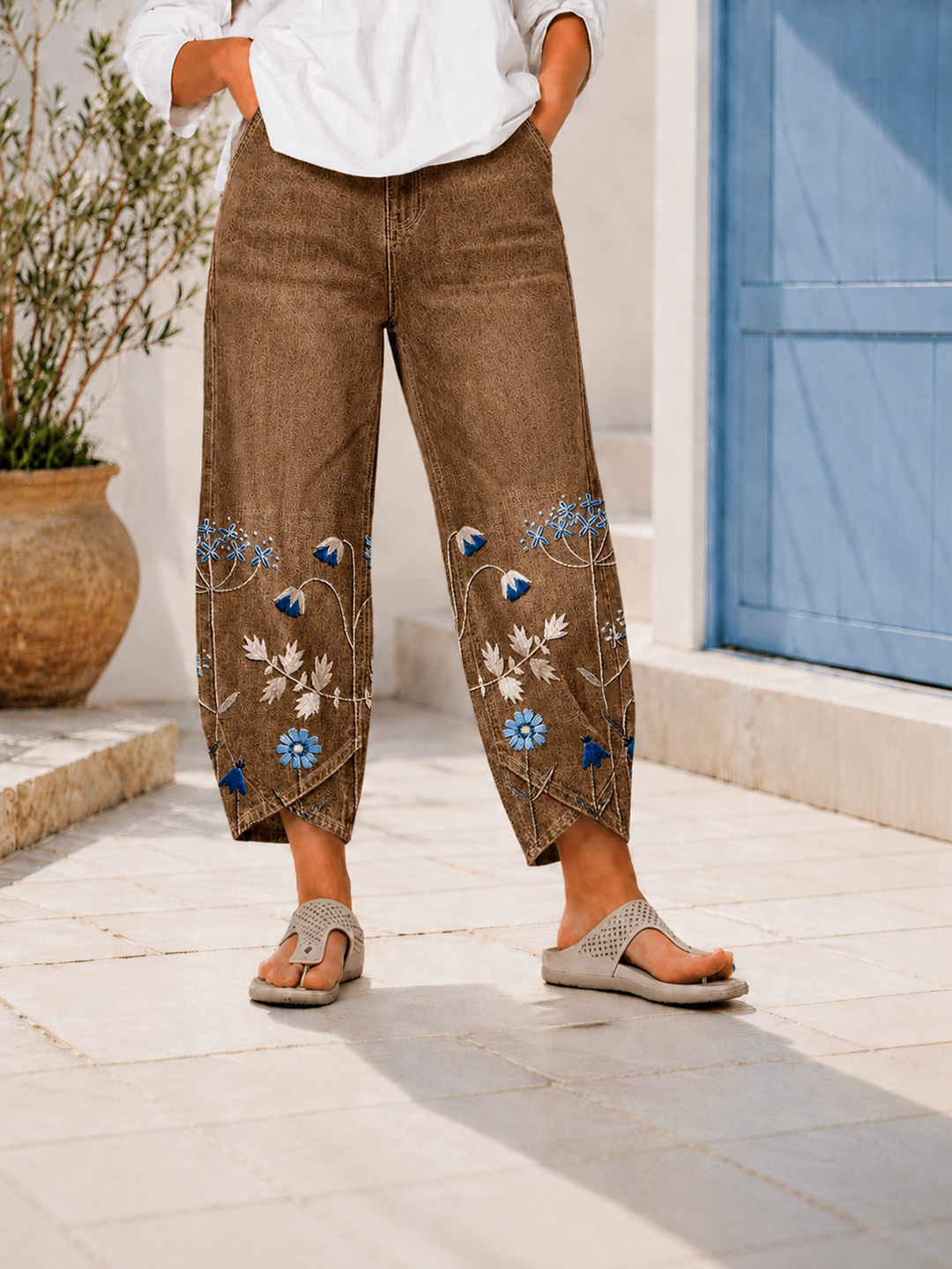 Selcen | Floral Embroidered Cropped Wide Leg Trousers
