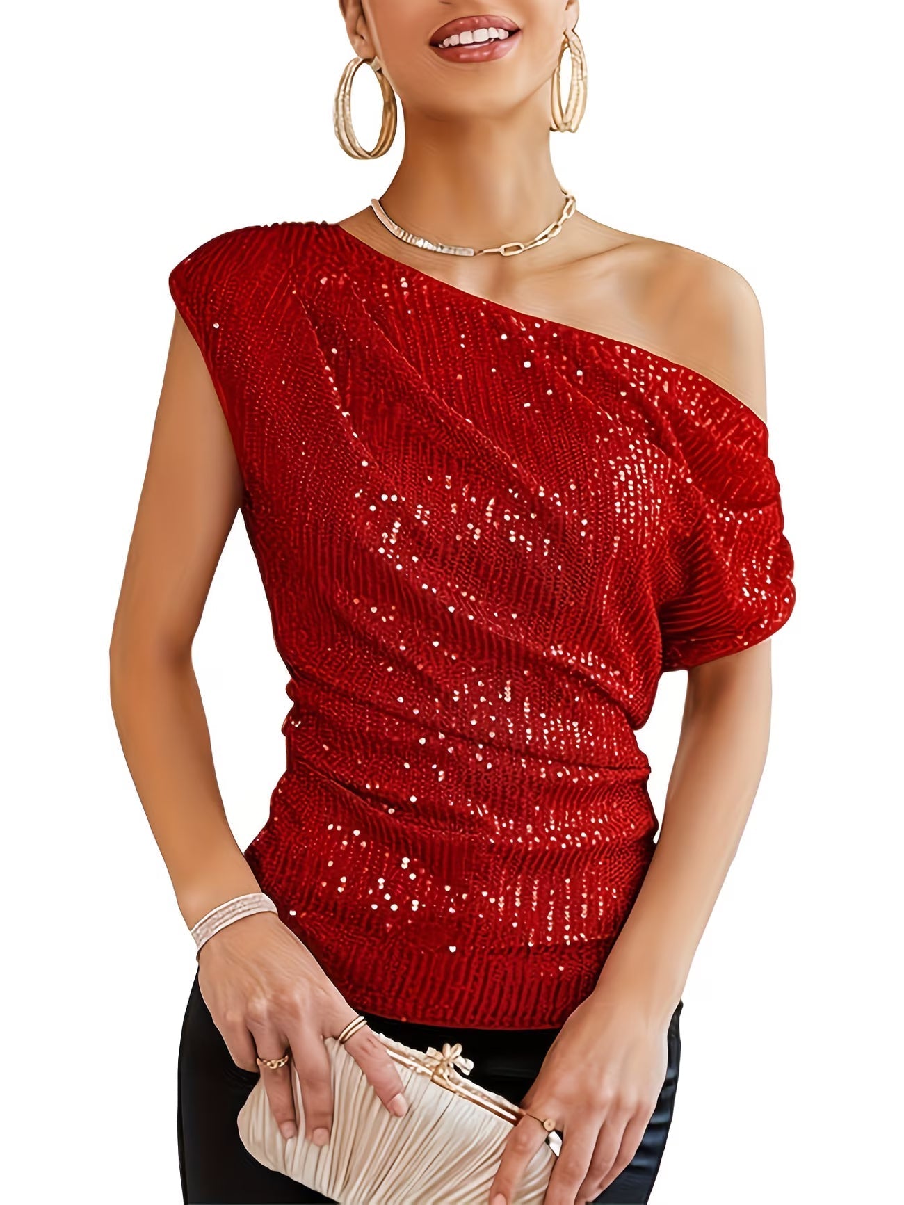 Jhasel | Sequin One Shoulder Ruched Blouse