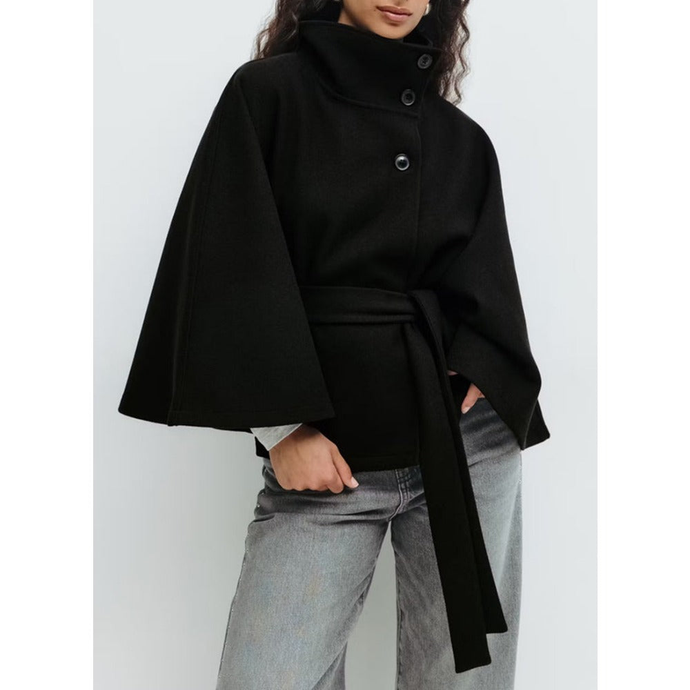 Araceli | Belted Cape Jacket High Neck Button Front