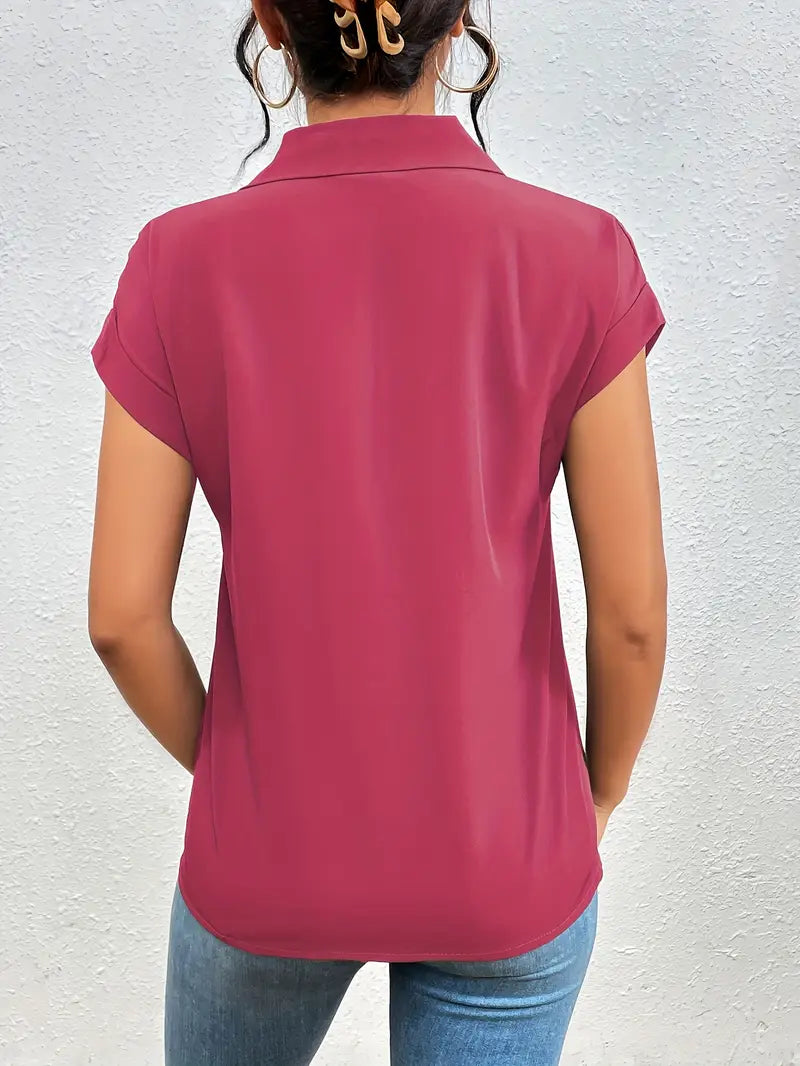 Alfano | Zip Front Collared Short Sleeve Blouse