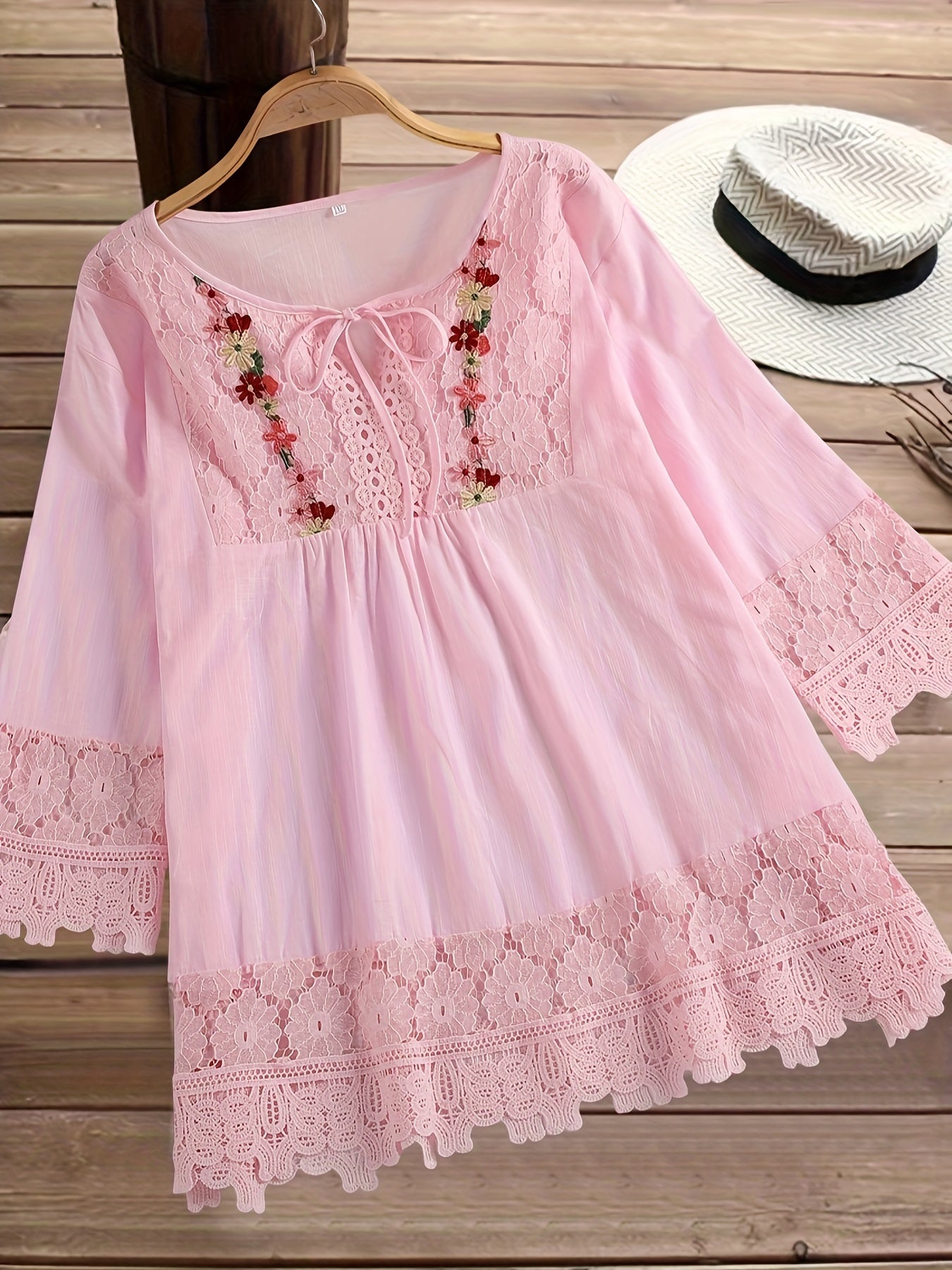 Esmeralda | Lace Trim Embroidered Tie Neck Blouse