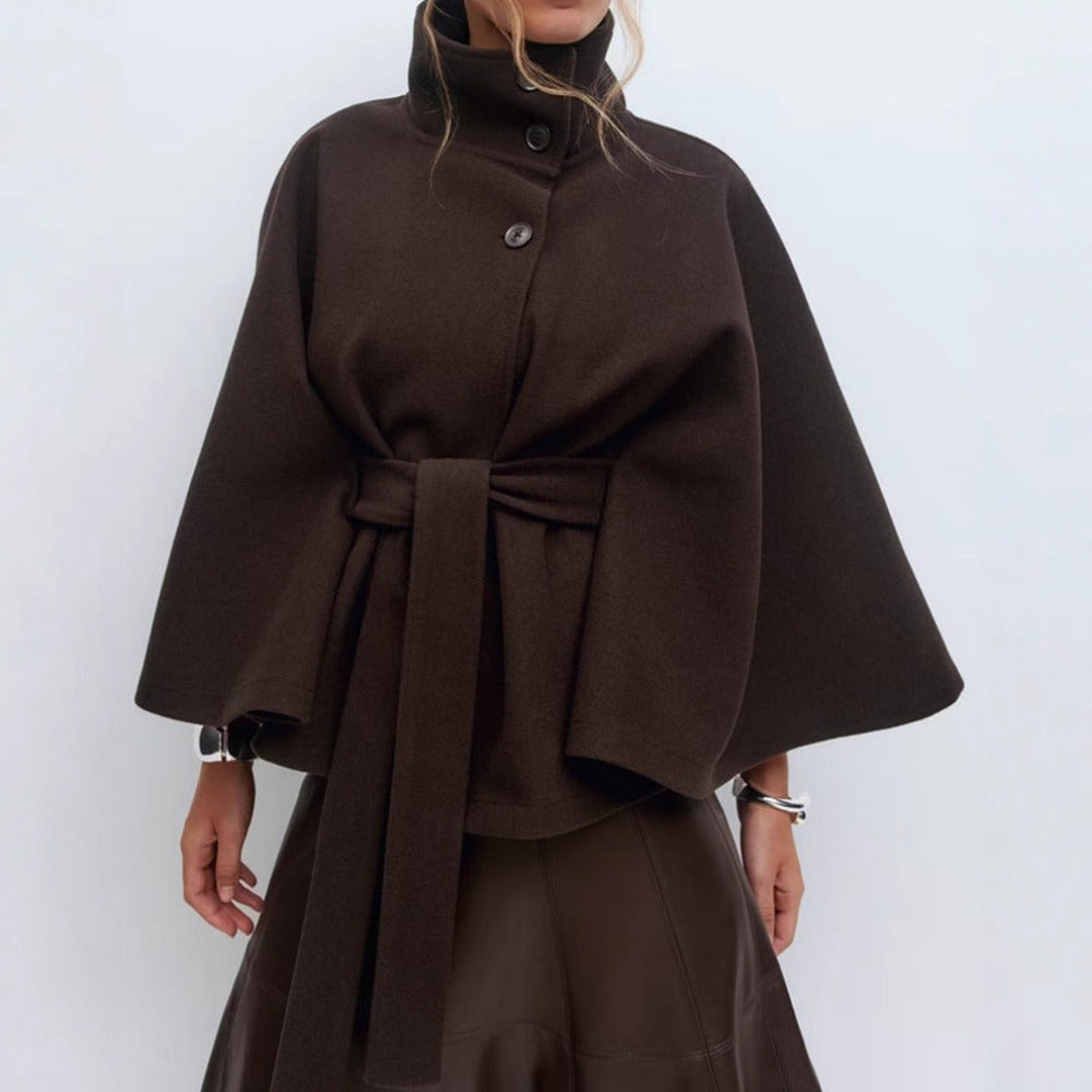 Araceli | Belted Cape Jacket High Neck Button Front