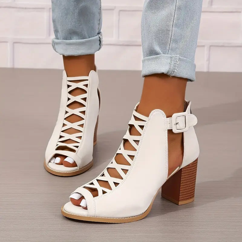 Ruzilya | Chunky Heel Peep Toe Lace-Up Sandals