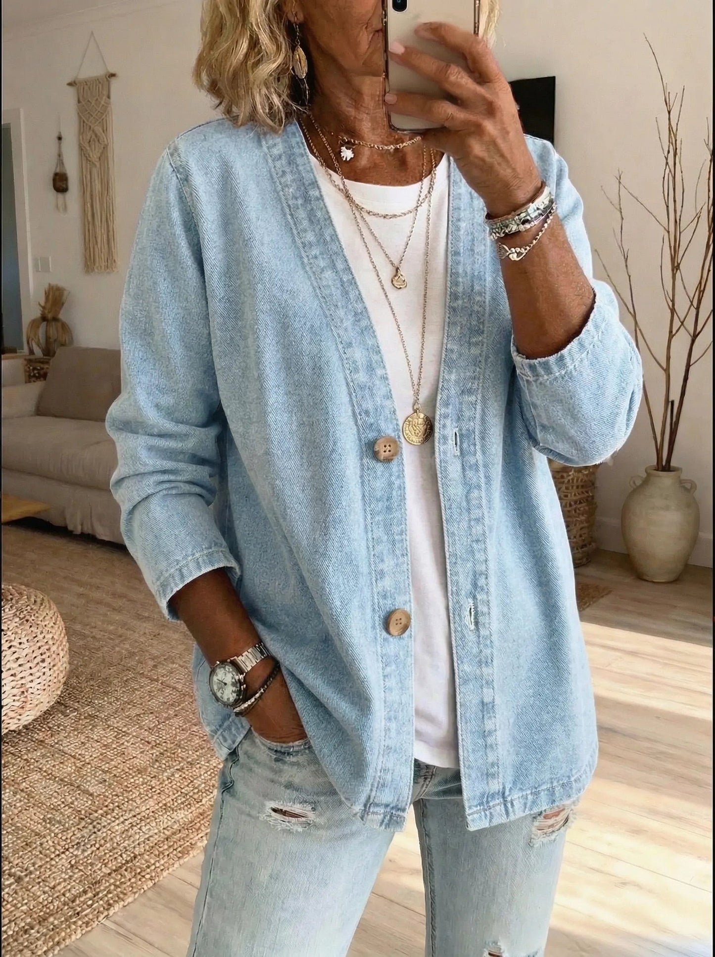 Helama | Denim Style Button Front Relaxed Jacket