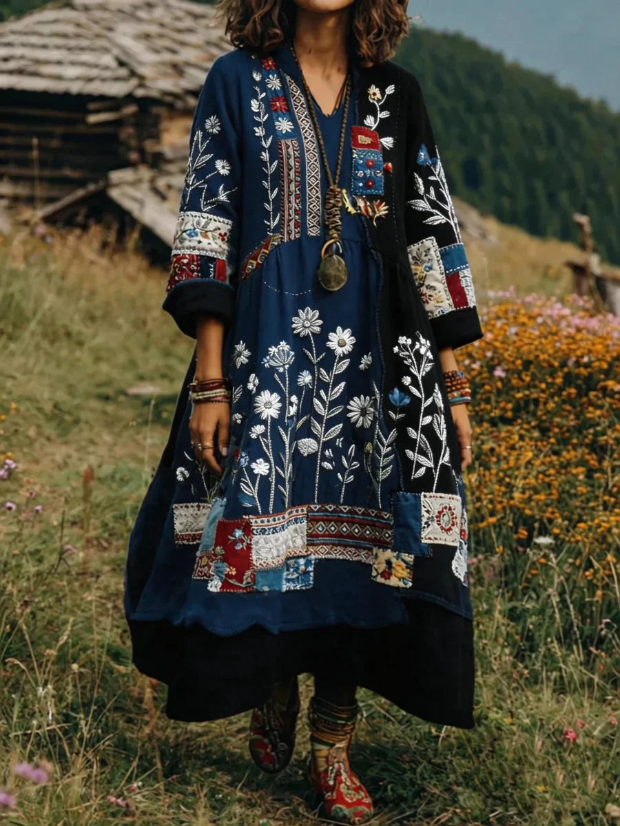 Eresha | Embroidered Boho Patchwork Midi Dress
