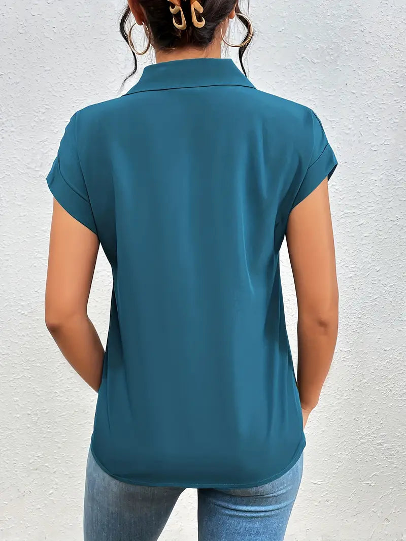 Alfano | Zip Front Collared Short Sleeve Blouse