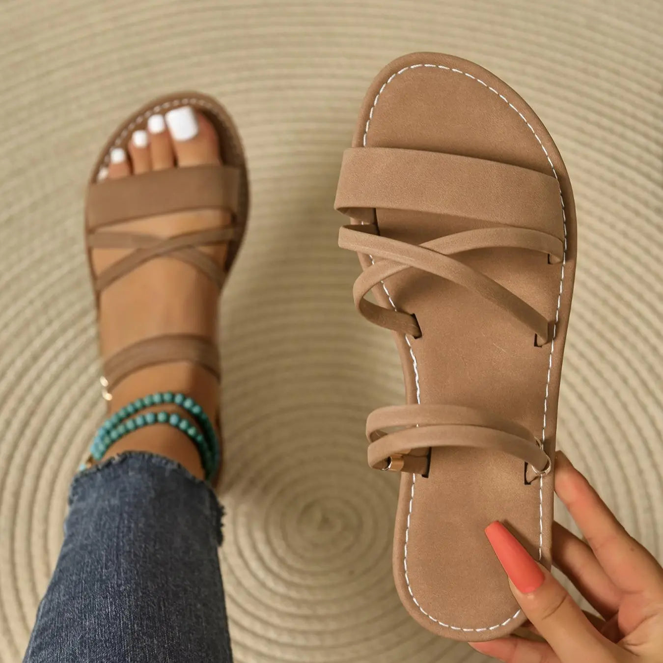 Janelle - Flat Strap Sandals Open Toe Slip On