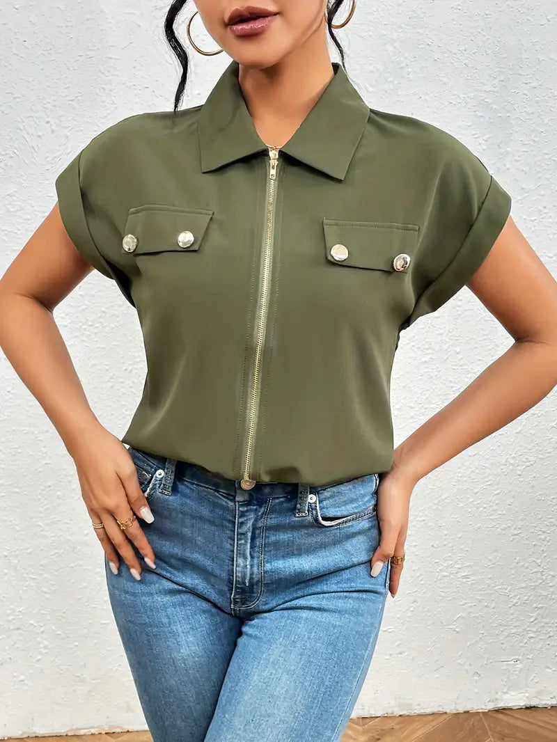 Alfano | Zip Front Collared Short Sleeve Blouse