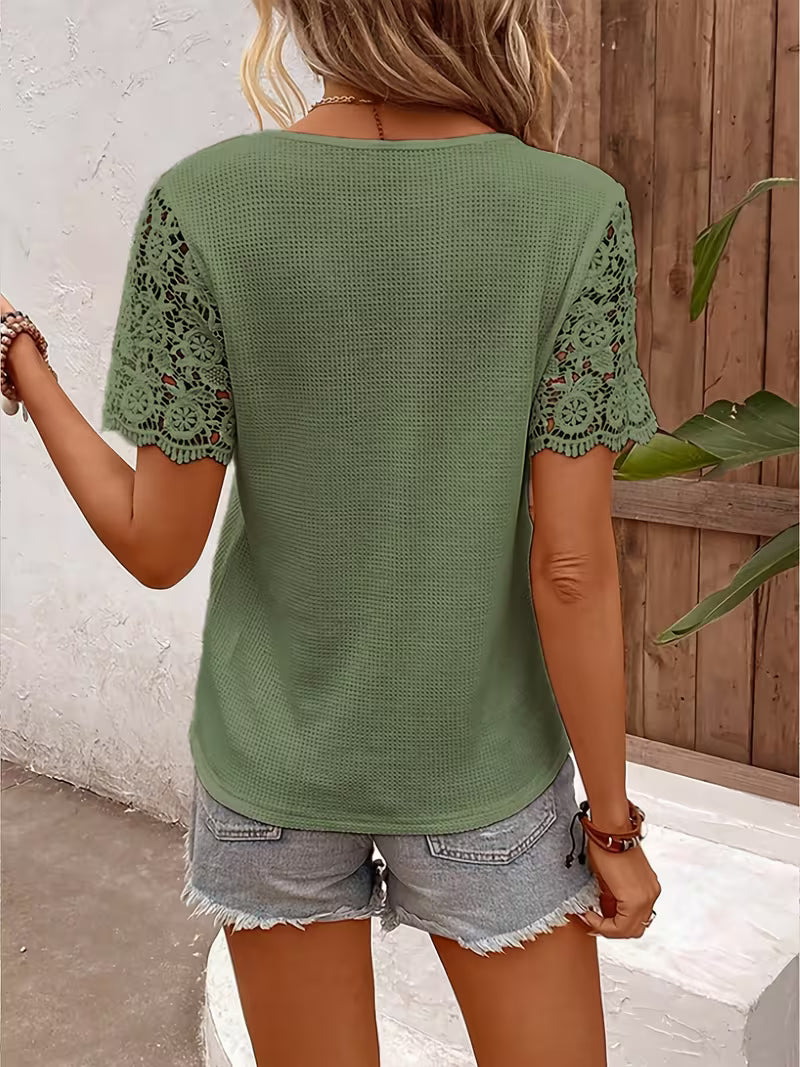 Sinna | Short Sleeve Lace Panel Button Top