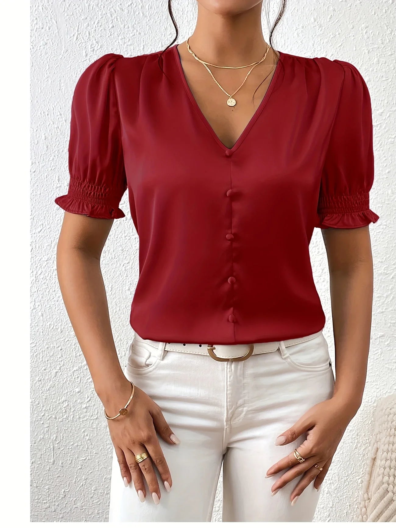Abella | Puff Sleeve V-Neck Button Blouse
