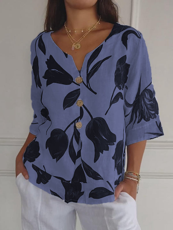 Despoina | Floral Linen V-Neck Button Blouse