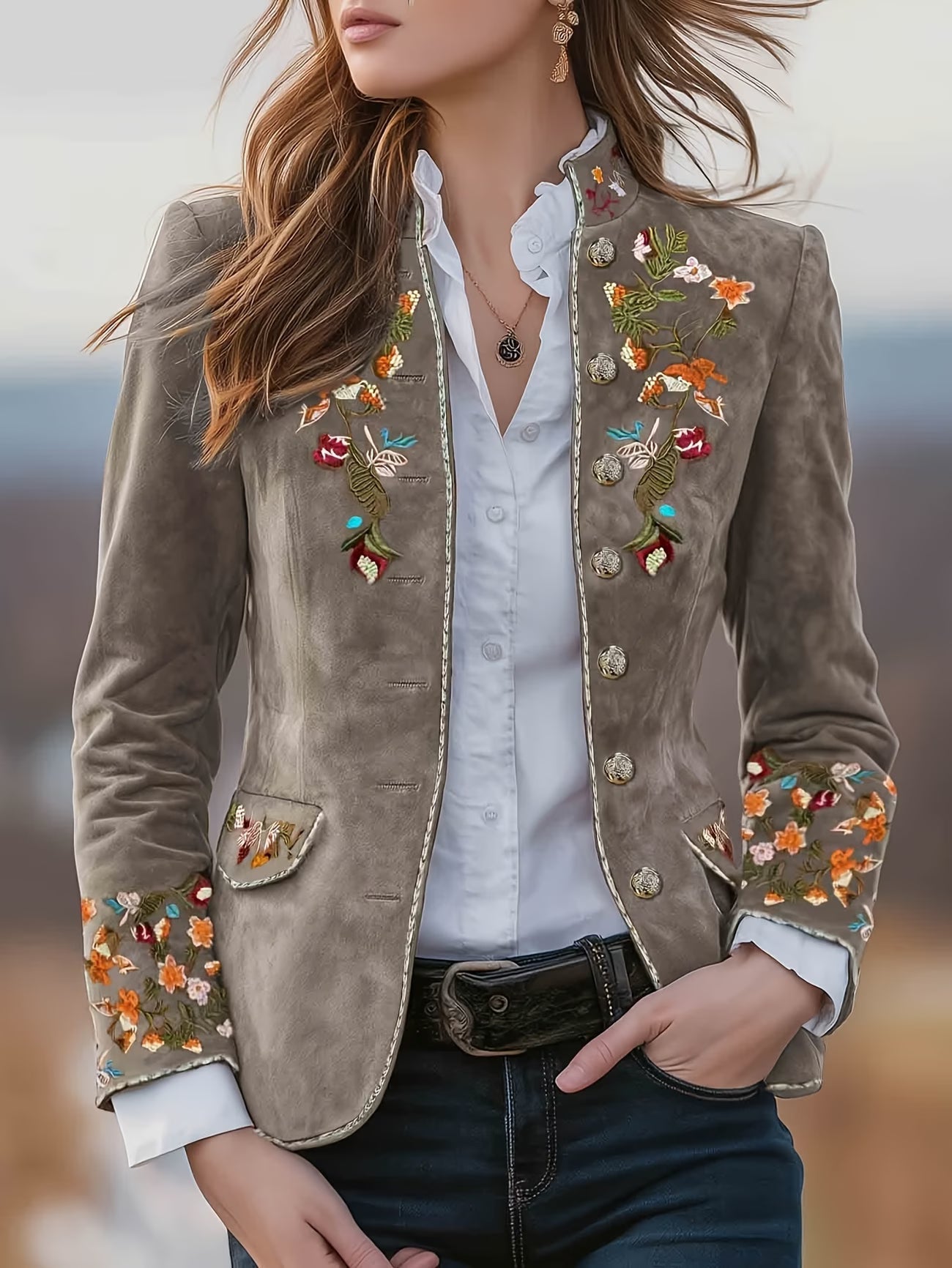 Anisaa | Embroidered Long Sleeve Stand Collar Jacket