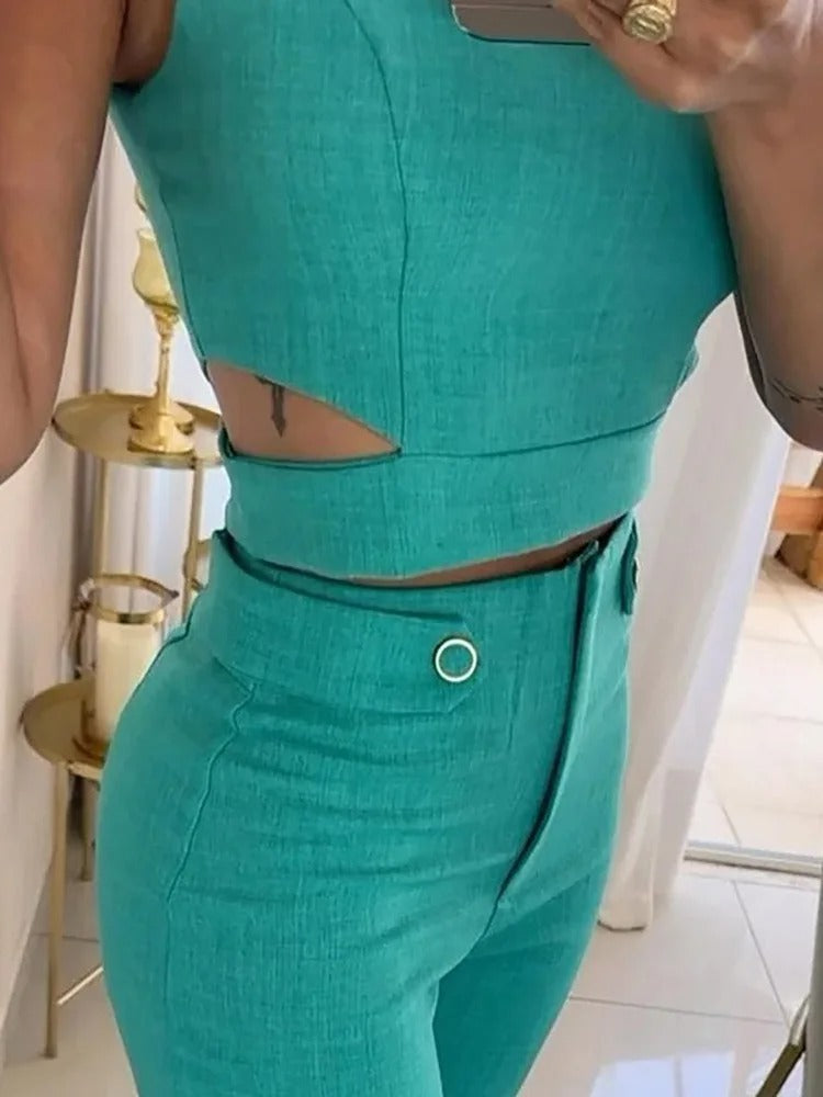 Alwinea - Wide Leg Trouser Set Sleeveless Crop Top