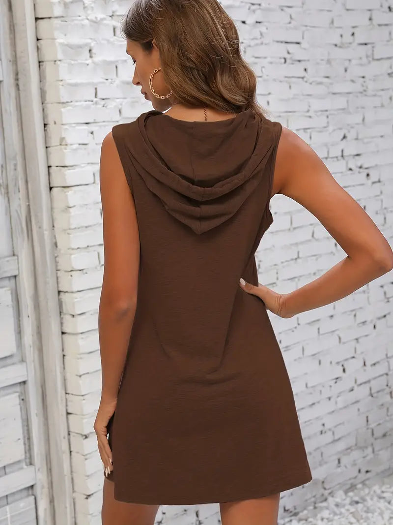 Fieke - Sleeveless Hooded Mini Dress Drawstring