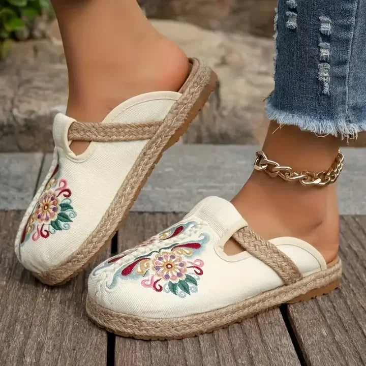 Katy | Floral Embroidered Cotton Mule Sandals