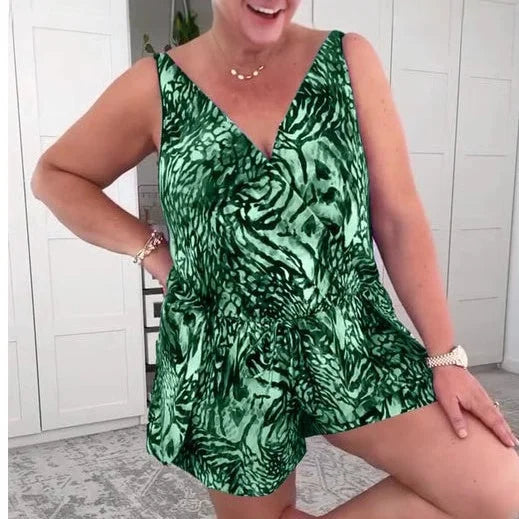 Evdoxia | Sleeveless Printed V-Neck Swim Romper