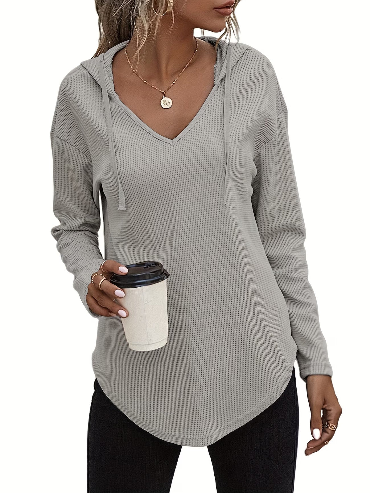 Laurette | Long Sleeve V-Neck Hoodie with Hood