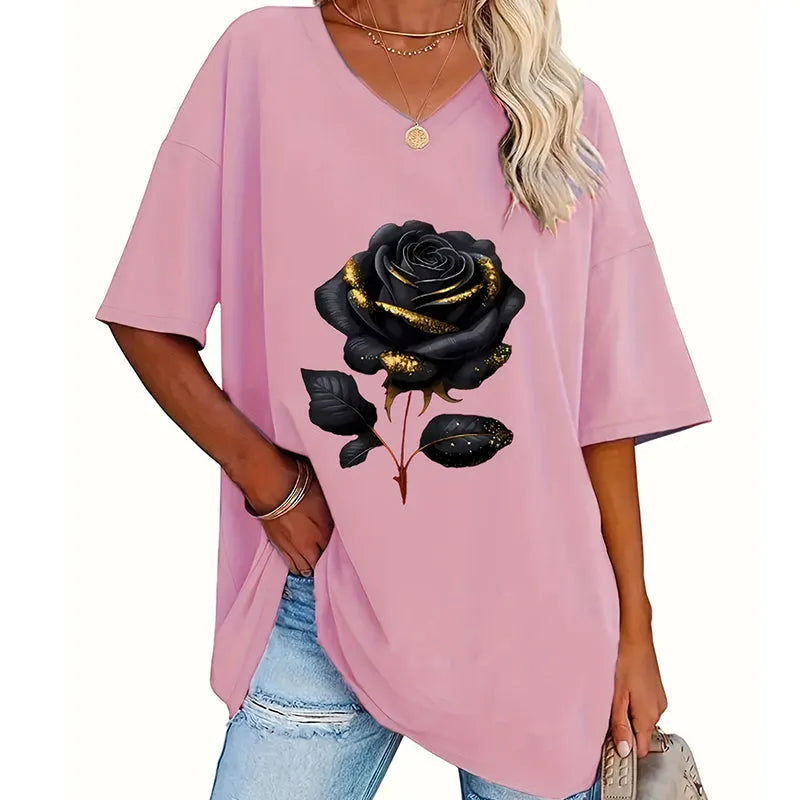 Aijia | V-Neck Rose Print Relaxed T-Shirt