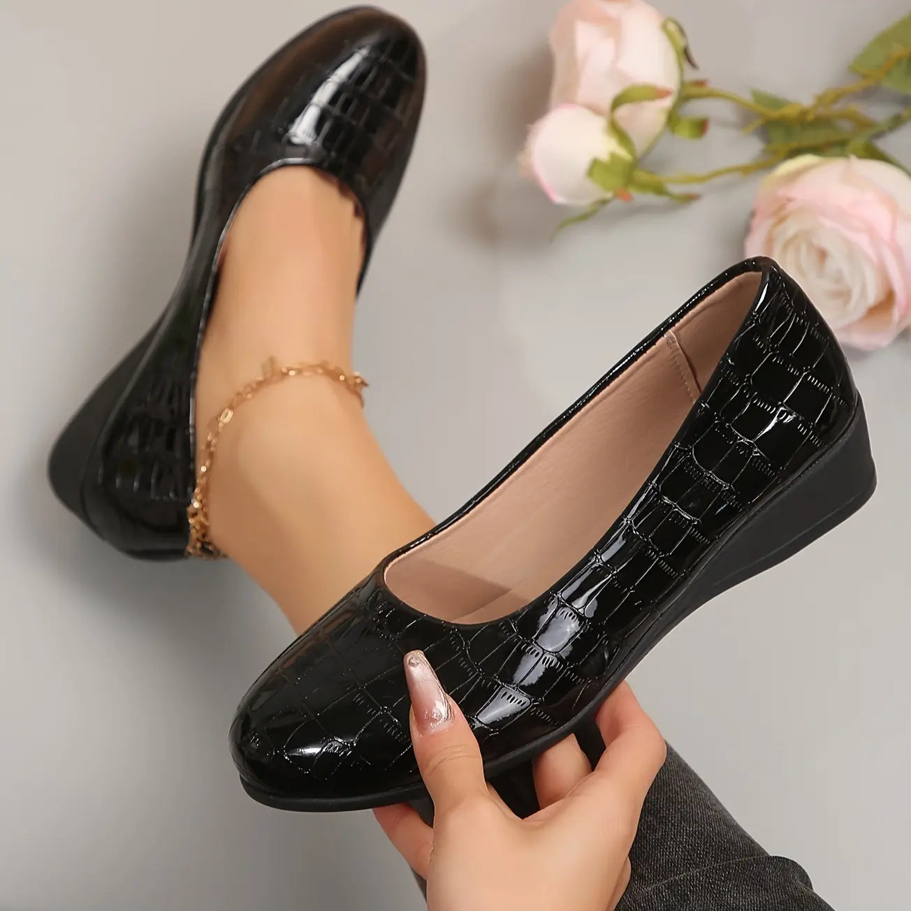 Rebekah - Wedge Heel Croc Pattern Court Shoes