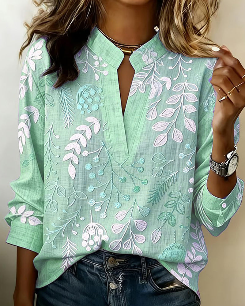 Adanna | Floral Print Split Neck Long Sleeve Blouse