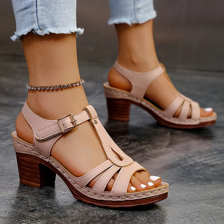 Leanna - Block Heel T Strap Buckle Sandals