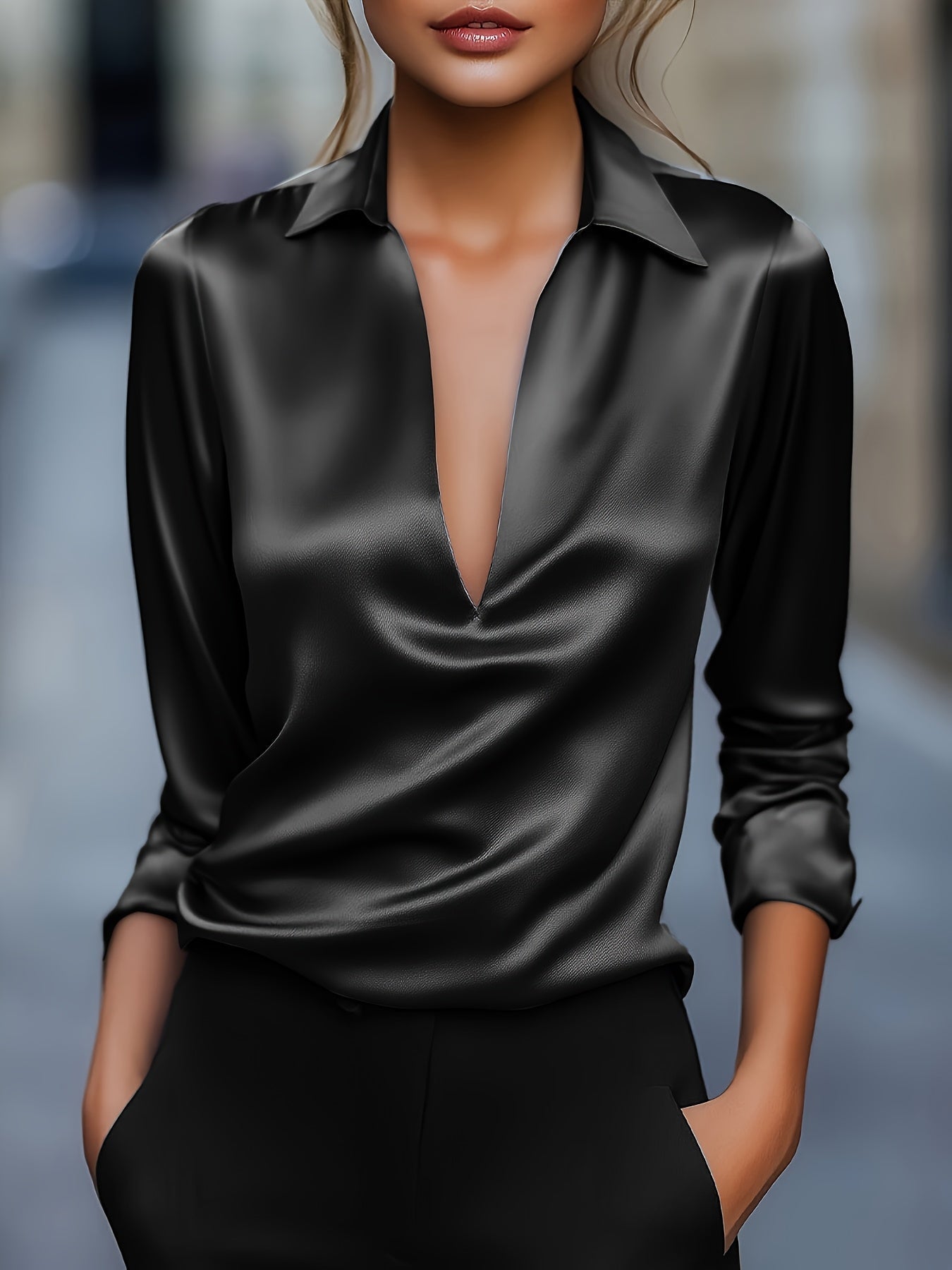 Kyrra – Satin V Neck Long Sleeve Blouse
